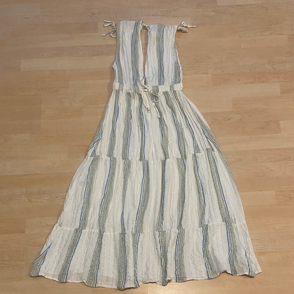 Elan Striped Maxi Dress Blue Yellow Gold Tiered Boho Medium Deep V